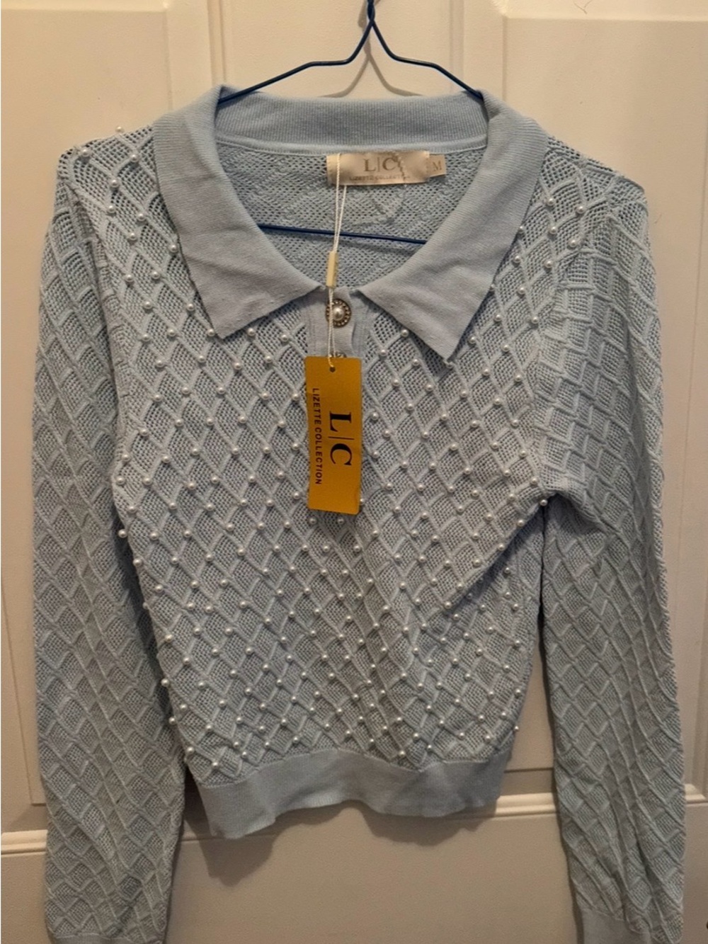 LC Light Blue Pearl-Trim Knit V-Neck Sweater Top-Medium